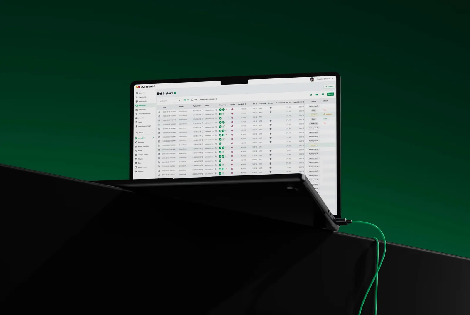 SOFTSWISS Sportsbook bet history back office shown as an industry reference.
